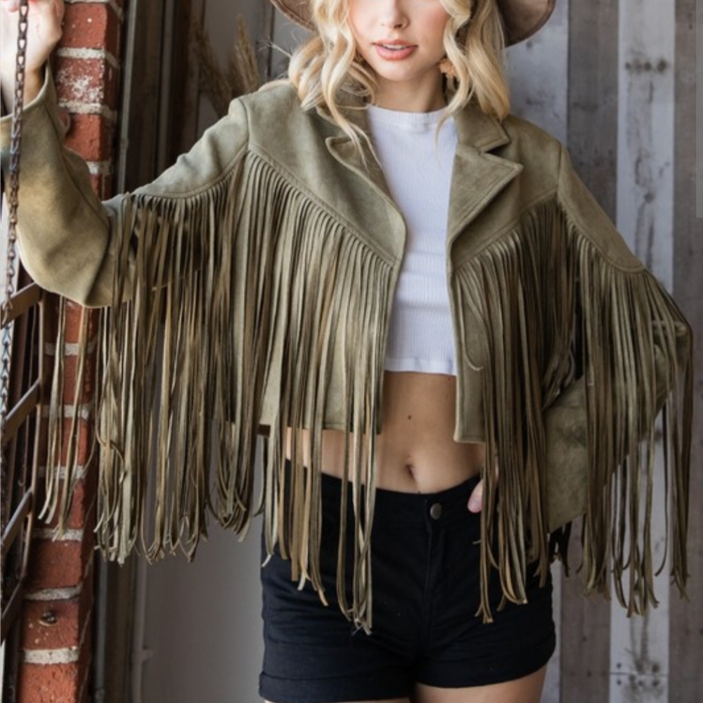 Olive Green Western Cropped Fringe Jacket